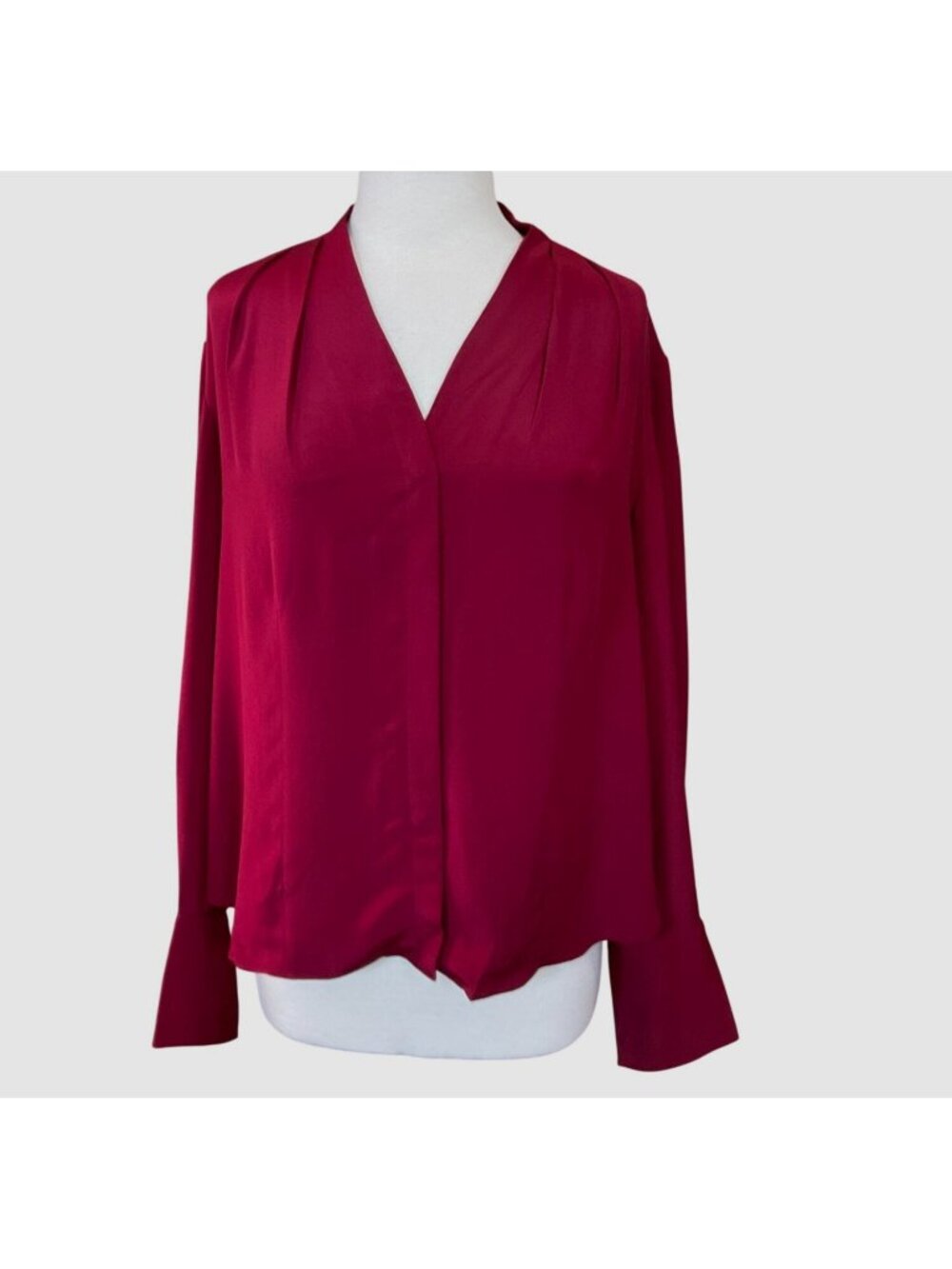 Talbots LS Burgundy VTG Silk Blouse V Neckline Pleated Shoulder French Cuffs 16W